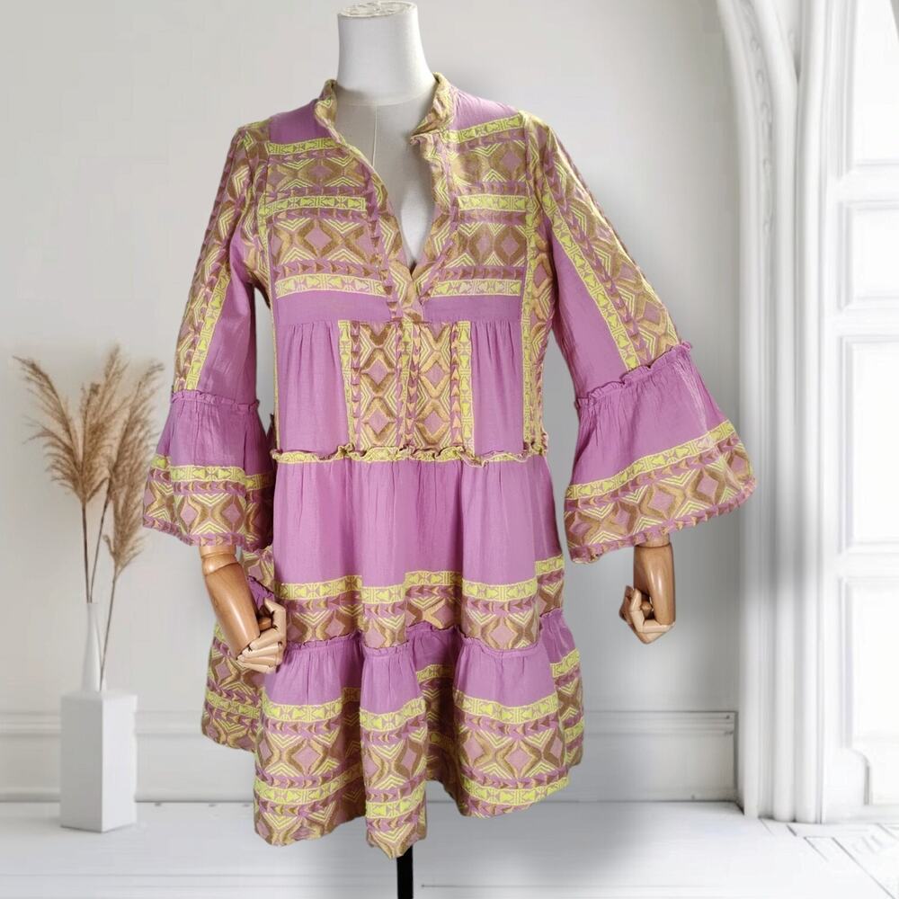 Lace the Label Embroidered Boho Mini Dress M Pink Bell Sleeve Cotton